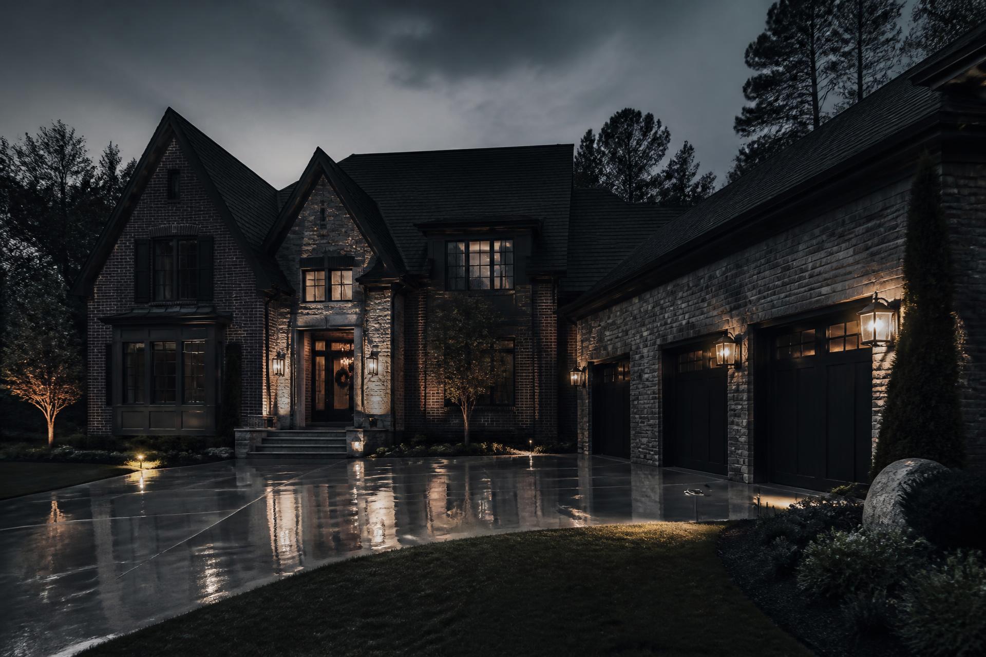 Freshly cleaned upscale home exterior and driveway at dusk